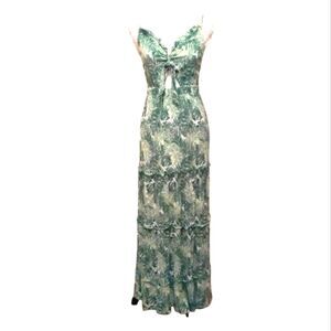 Maxi Slip Dress Slip Dress Sundress Tiered Green Nature Print JUSTIFY M